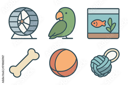 Pet toys and animals displayed in a fun and vibrant illustration featuring a hamster wheel, parrot, fish tank, and playful accessories