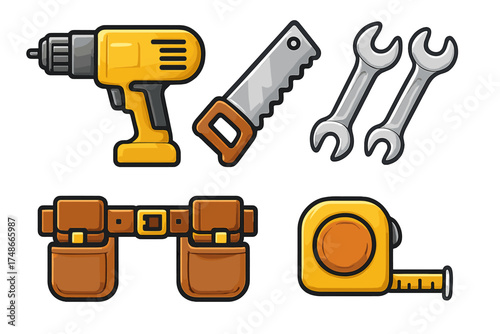Essential tools for DIY projects including drill, saw, wrenches, and tool belt with measuring tape
