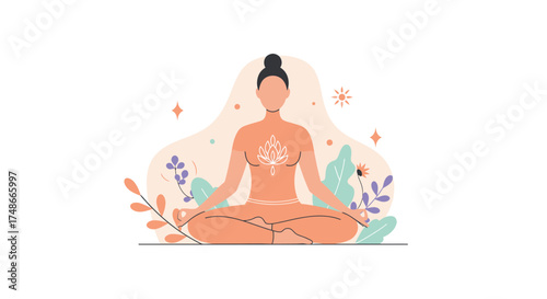 Serene woman meditating in lotus position surrounded by flora, finding inner peace and balance in a calming, modern wellness illustration