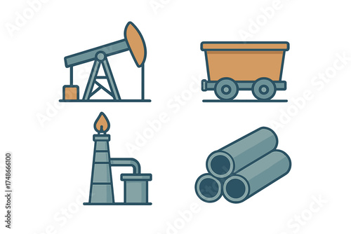 Oil extraction and transportation icons representing energy industry elements in a simplified graphic style