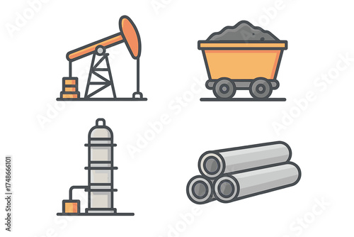 Oil extraction and mining equipment showcasing different resource processing methods