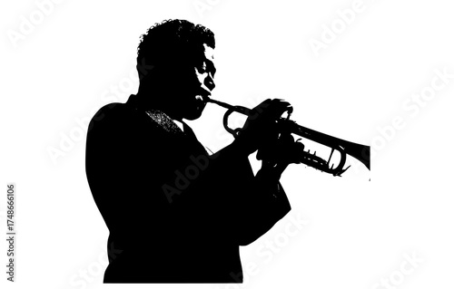 a silhouette of a man playing a trumpetblack, instrument, man, photo, play, profile, trumpet 