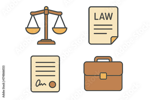 Legal symbols representing law, justice, and legal documents in simple design