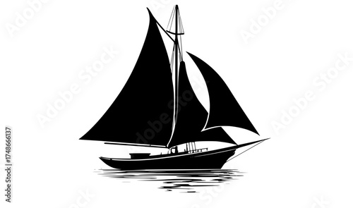 a black and white silhouette of a sailboat with sailsblack, boat, calm, float, illustration, profile, sail, sailboat, sea, vessel, water 