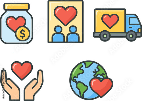 Donation concepts for charitable events and global aid displayed in various icon styles