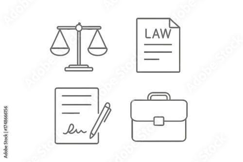 Symbols of law and justice displayed in a minimalistic design featuring scales, document, contract, and briefcase