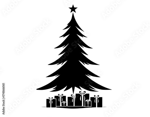 a black and white silhouette of a christmas tree with presents underneathblack, christmas tree, fir tree, gift, gift box, icon, illustration, pine, profile, star, tree 
