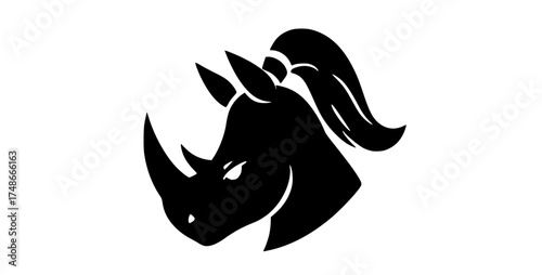 a black silhouette of a rhino head with a ponytailanimal, black, bull, donkey, head, hippo, illustration, image, logo, profile, rhinoceros, trumpet, unicorn 