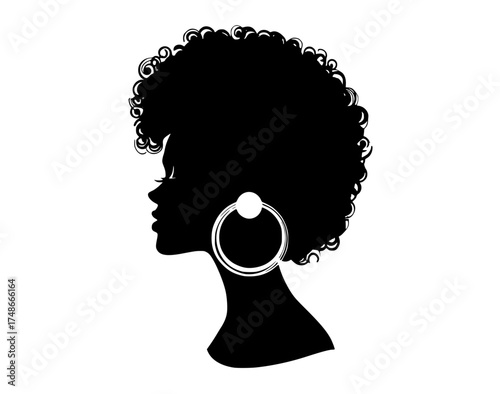 a silhouette of a woman with curly hair and large hoop earringsafro, beautiful, black, curl, earring, girl, gold, hair, hairstyle, head, illustration, profile, short, woman 