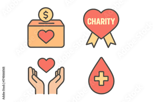 Donation icons representing charity efforts with a heart theme