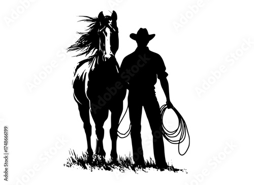 a silhouette of a cowboy and a horseblack, bridle, catch, cowboy, cowboy hat, horse, lasso, man, profile, rope, stand, sun hat 