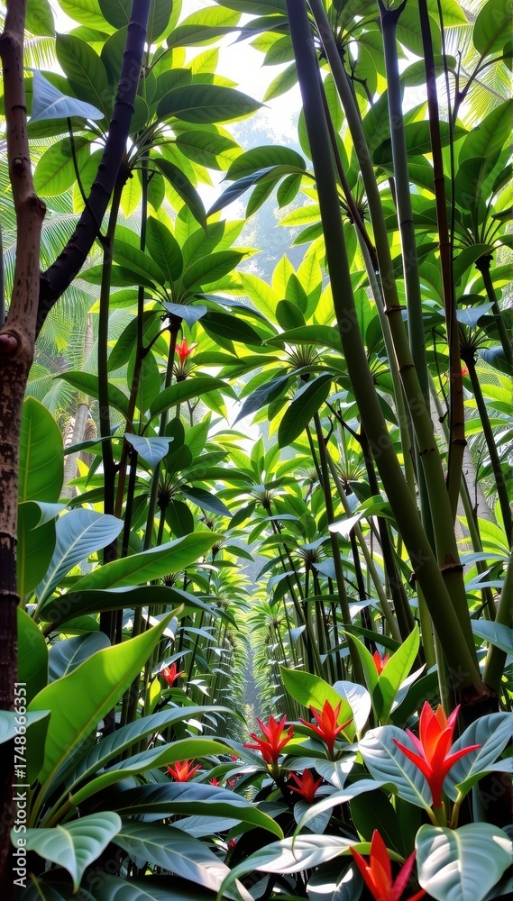 Obraz premium Lush green canopy, vibrant flora, dense vegetation, sunlight filtering through leaves, abundant biodiversity, forest, wildlife