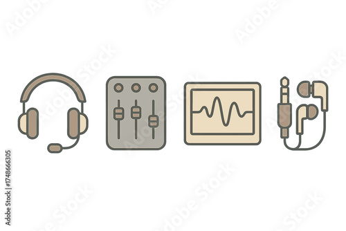 Headphones, audio mixer, waveform display, and earphones represent electronic music production essentials in a modern studio