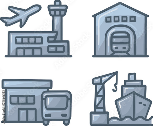 Various modes of transport and logistics components illustrated in a minimalistic style showcasing an airport, train station, bus terminal, and harbor