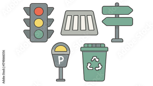 Various urban traffic and waste management signs in a vibrant city setting, showcasing the importance of traffic regulation and recycling