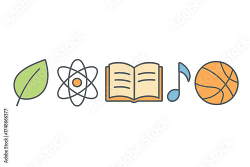 Creative symbols of nature, science, education, music, and sports arranged in a colorful line on a clean background