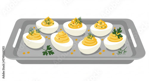 Deviled eggs arranged on a tray with garnish and decoration  