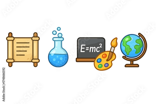 Educational icons representing science, art, and geography in a colorful illustration for smart learning