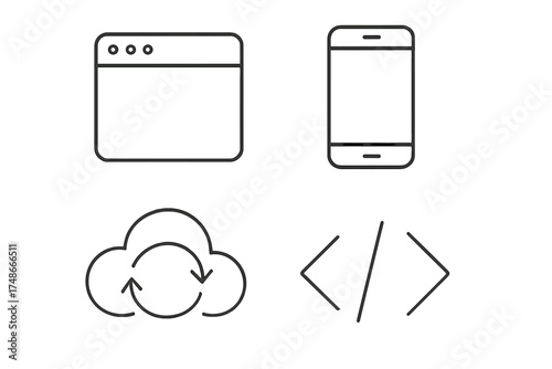 Icons representing web development, mobile technology, and cloud computing in a minimalist style
