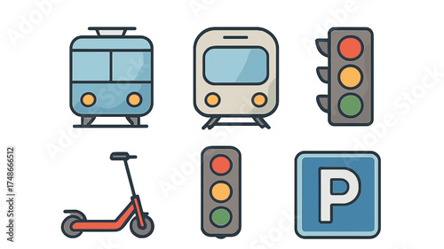Various modes of urban transportation including scooters and traffic signals in a modern city setting