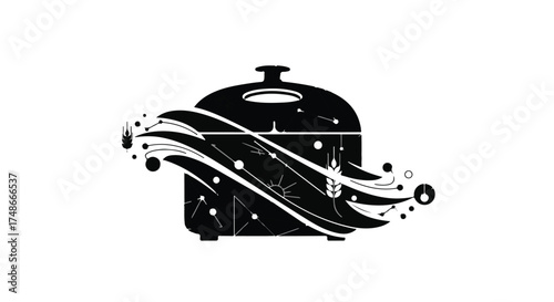 Abstract illustration of a steaming pot with swirling culinary elements.