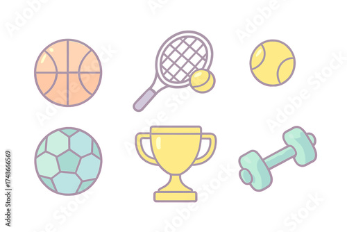 Colorful sports icons including basketball, tennis, soccer, trophy and dumbbell in a playful style