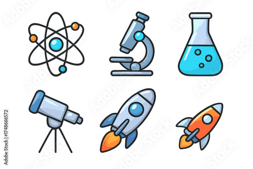 Icons of science including an atom, microscope, beaker, telescope, and rockets illustrating exploration and discovery