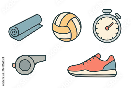 Volleyball training essentials featuring mat, ball, stopwatch, whistle, and running shoes