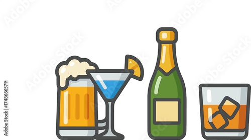 Colorful assortment of drinks arranged stylishly on a white background for a celebration or party occasion