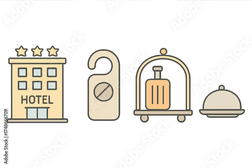 Hotel icons depicting accommodation features and services in a simple design suitable for travel-related materials