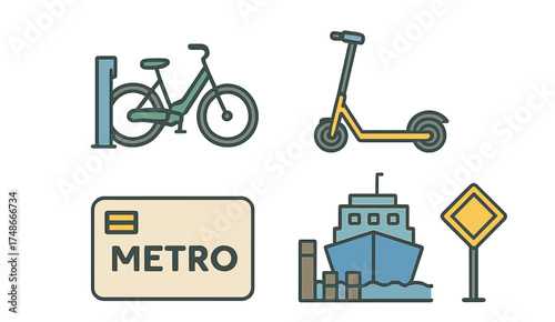 Various urban transport options including bicycles, scooters, boats, and metro passes available in a city