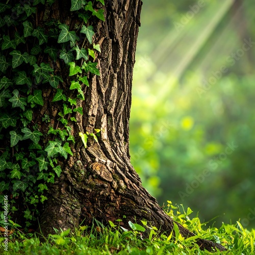 A close-up photograph presents a textured tree trunk intertwined with lush ivy. Sunlight streams through the forest, creating a soft, green ambiance