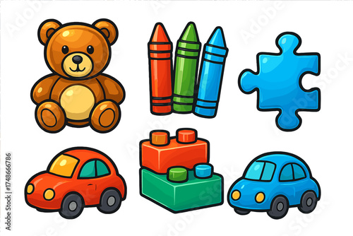 Classic toys and colorful art supplies arranged on a white background for children?s creative playtime