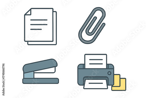 Office supplies including paper, paperclip, stapler, and printer observed in an organized workspace setting