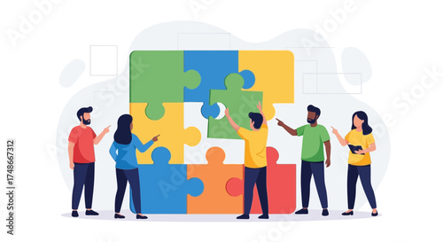 Team Assembling Puzzle Pieces Together, Achieving Collaboration And Successful Projects
