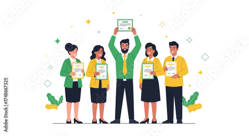 Team Celebrating Success, Award Ceremony, Employees Holding Certificates, Conceptual Illustration