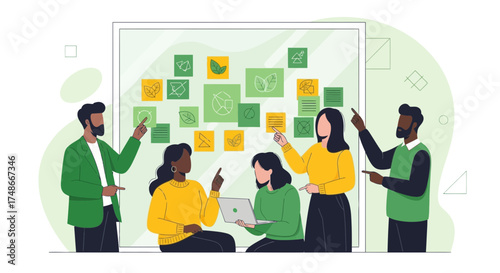Team brainstorming ideas on a whiteboard with environmental and creative icon