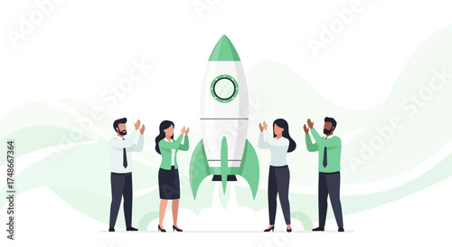 Team Celebrating Successful Startup Launch with Rocket Taking Off to the Sky