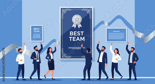 Team Celebrating Their Achievement After Receiving The Best Team Award In The Office