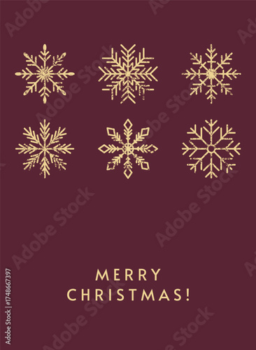 Merry Christmas greeting card. Snowflakes, grunge texture. Festive holiday design with snow flakes pattern, snow winter poster. Vintage postcard, grainy noise. Flat vector illustration typography.