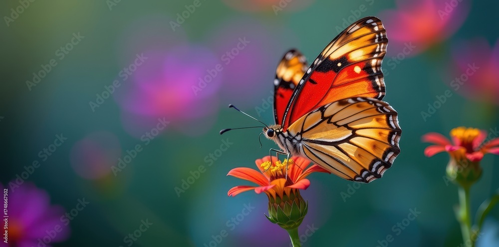 Obraz premium A vibrant butterfly delicately feeds on a colorful flower, its wings spread wide, showcasing intricate patterns against a soft-focus background, bloom, flora