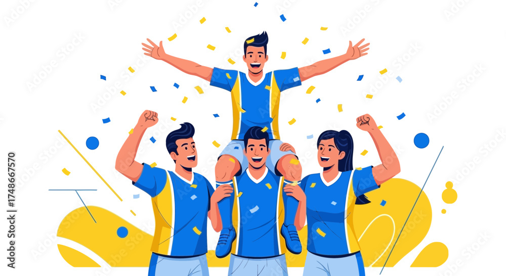 Fototapeta premium Team Celebrates A Victory, Triumphantly Holding Winner High Amidst Confetti