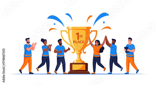 Team Celebrating Victory with Trophy and Applauses Displaying Achievement and Winning Attitude