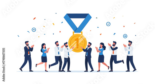 Team Celebrating Victory with Gold Medal and Confetti Achieving Success in Business