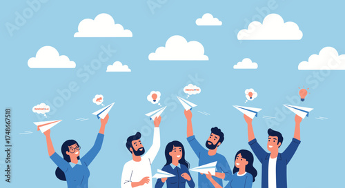 Team building of a diverse group launching paper airplanes into the sky