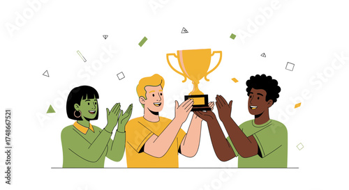 Team Celebrating Victory With Trophy and Joyful Faces, Expressing Success and Achievement