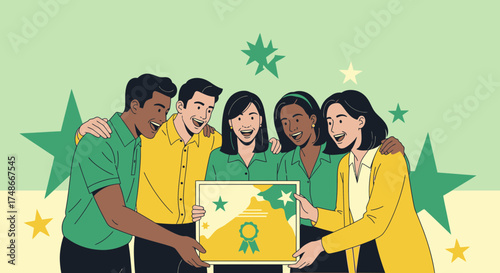 Team celebrating with a certificate, a flat illustration for success and achievement