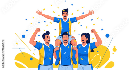 Team Celebrates A Victory, Triumphantly Holding Winner High Amidst Confetti