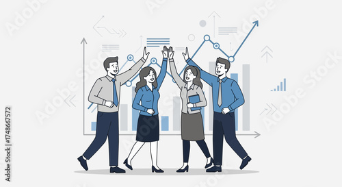Team Celebration: Colleagues Celebrating Success in Front of Business Statistical Charts