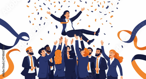 Team Celebrates Achievement Elevating Colleague Under Confetti And Ribbon Streamers